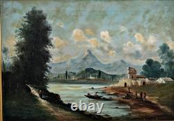 TABLEAU Paysage Fluvial Pêcheurs Huile sur Toile Beau Cadre Bois Doré XIXème
