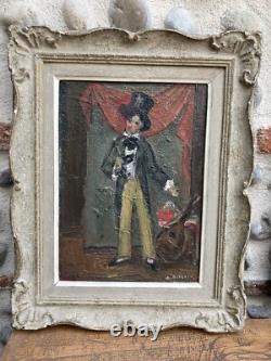 TRes Belle Peinture Huile Sur bois mandoline chapeau 1950 Portrait Homme art