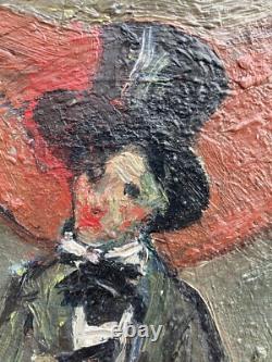 TRes Belle Peinture Huile Sur bois mandoline chapeau 1950 Portrait Homme art