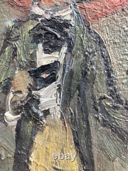 TRes Belle Peinture Huile Sur bois mandoline chapeau 1950 Portrait Homme art