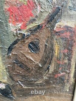 TRes Belle Peinture Huile Sur bois mandoline chapeau 1950 Portrait Homme art