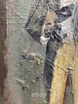 TRes Belle Peinture Huile Sur bois mandoline chapeau 1950 Portrait Homme art