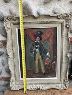 TRes Belle Peinture Huile Sur bois mandoline chapeau 1950 Portrait Homme art