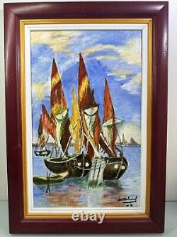 Tableau À L'huile Sur Bois Bateau Marin Voilier Vintage Déco Signé Port 2003