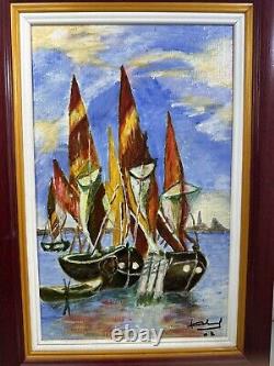 Tableau À L'huile Sur Bois Bateau Marin Voilier Vintage Déco Signé Port 2003