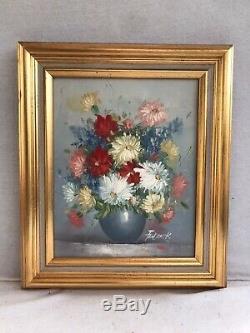 Tableau Ancien Bouquet de Fleurs FRÉDÉRICK Huile sur Toile + Cadre Bois Doré