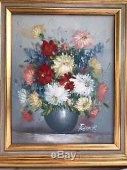 Tableau Ancien Bouquet de Fleurs FRÉDÉRICK Huile sur Toile + Cadre Bois Doré
