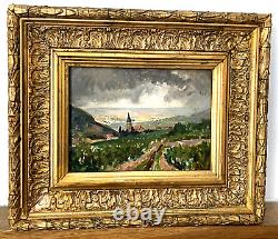 Tableau Ancien Huile/Bois signé RAPP Vue Campagne Clocher