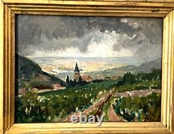 Tableau Ancien Huile/Bois signé RAPP Vue Campagne Clocher