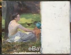 Tableau Ancien Huile Étude Homme Assis Paysage Alice Kaub-Casalonga (1875-1948)