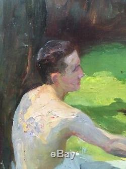 Tableau Ancien Huile Étude Homme Assis Paysage Alice Kaub-Casalonga (1875-1948)