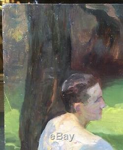Tableau Ancien Huile Étude Homme Assis Paysage Alice Kaub-Casalonga (1875-1948)