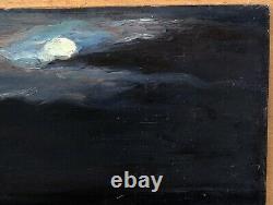 Tableau Ancien Huile Paysage Mer Crépuscule Ciel Nuit Lune Josey PILLON 1902