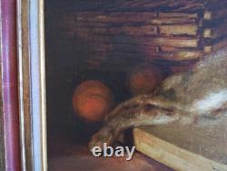 Tableau Ancien Huile Peinture Ecole Francaise Lapin Lievre Fruit Baroque XIX 19