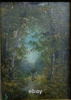 Tableau Ancien Huile sur bois, Paysage sous bois, promeneur, 9-12 cm