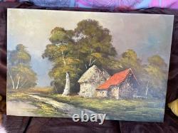 Tableau Ancien Huile sur toile M Schneider (début XXe-s) cabane dans bois