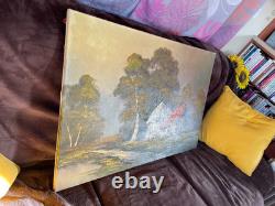 Tableau Ancien Huile sur toile M Schneider (début XXe-s) cabane dans bois