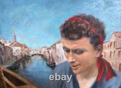 Tableau Ancien Peinture Huile Bois Marine Bateau Venise Portrait Ecole Francaise