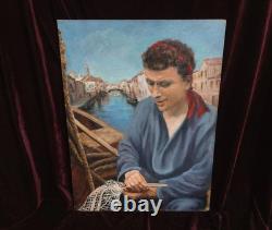 Tableau Ancien Peinture Huile Bois Marine Bateau Venise Portrait Ecole Francaise