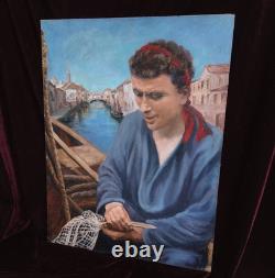 Tableau Ancien Peinture Huile Bois Marine Bateau Venise Portrait Ecole Francaise