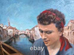 Tableau Ancien Peinture Huile Bois Marine Bateau Venise Portrait Ecole Francaise