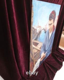 Tableau Ancien Peinture Huile Bois Marine Bateau Venise Portrait Ecole Francaise