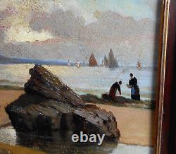 Tableau Ancien Peinture Huile Bois Marine Bord de Mer Bretagne Bateau Voilier