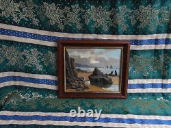 Tableau Ancien Peinture Huile Bois Marine Bord de Mer Bretagne Bateau Voilier