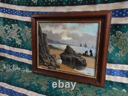 Tableau Ancien Peinture Huile Bois Marine Bord de Mer Bretagne Bateau Voilier