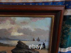 Tableau Ancien Peinture Huile Bois Marine Bord de Mer Bretagne Bateau Voilier