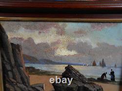 Tableau Ancien Peinture Huile Bois Marine Bord de Mer Bretagne Bateau Voilier