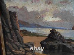 Tableau Ancien Peinture Huile Bois Marine Bord de Mer Bretagne Bateau Voilier