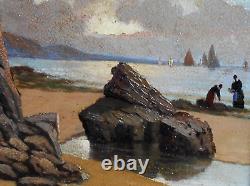 Tableau Ancien Peinture Huile Bois Marine Bord de Mer Bretagne Bateau Voilier