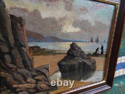 Tableau Ancien Peinture Huile Bois Marine Bord de Mer Bretagne Bateau Voilier