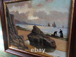 Tableau Ancien Peinture Huile Bois Marine Bord de Mer Bretagne Bateau Voilier