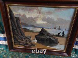 Tableau Ancien Peinture Huile Bois Marine Bord de Mer Bretagne Bateau Voilier