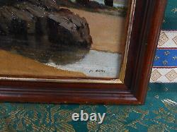 Tableau Ancien Peinture Huile Bois Marine Bord de Mer Bretagne Bateau Voilier