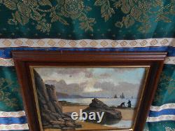 Tableau Ancien Peinture Huile Bois Marine Bord de Mer Bretagne Bateau Voilier