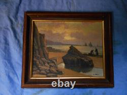 Tableau Ancien Peinture Huile Bois Marine Bord de Mer Bretagne Bateau Voilier