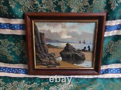 Tableau Ancien Peinture Huile Bois Marine Bord de Mer Bretagne Bateau Voilier