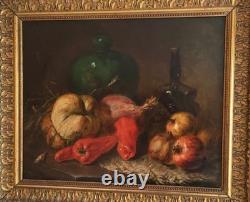 Tableau Ancien Peinture Huile Ecole Francaise Fruit DLG Chardin XIX Cadre Dore