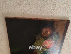 Tableau Ancien Peinture Huile Ecole Francaise Nature Morte Fruit Raisin XIX 19