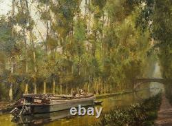 Tableau Ancien Peinture Huile Ecole Francaise de Barbizon Canal Seine DLG XIX 19