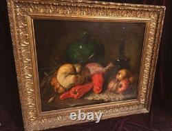 Tableau Ancien Peinture Huile HST Ecole Francaise Fruit Legume Cadre Dore XIX 19