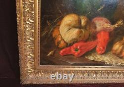 Tableau Ancien Peinture Huile HST Ecole Francaise Fruit Legume Cadre Dore XIX 19