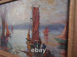 Tableau Ancien Peinture Huile Marine Bord de Mer Saint Tropez Bateaux Voiliers