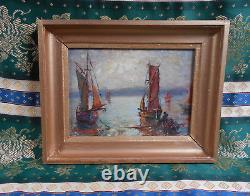 Tableau Ancien Peinture Huile Marine Bord de Mer Saint Tropez Bateaux Voiliers