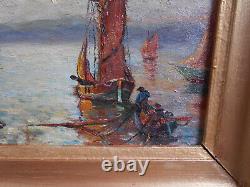 Tableau Ancien Peinture Huile Marine Bord de Mer Saint Tropez Bateaux Voiliers