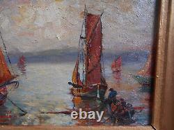 Tableau Ancien Peinture Huile Marine Bord de Mer Saint Tropez Bateaux Voiliers