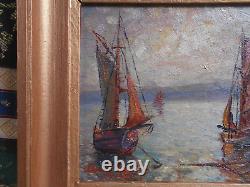 Tableau Ancien Peinture Huile Marine Bord de Mer Saint Tropez Bateaux Voiliers